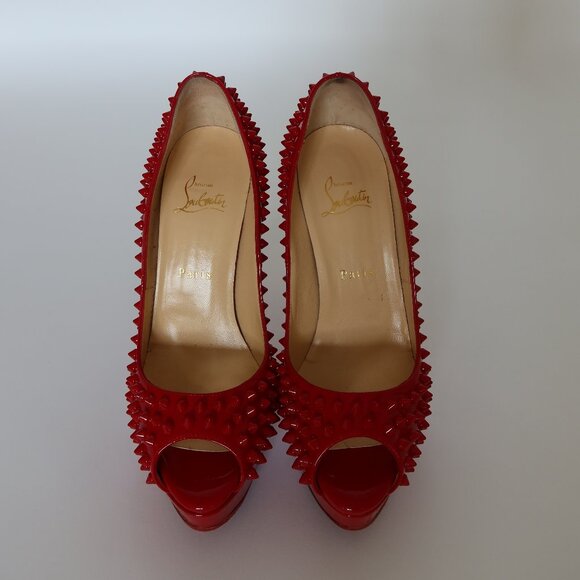Christian Louboutin Lady Peep Spikes Red Patent Leather 150MM - Picture 3 of 4